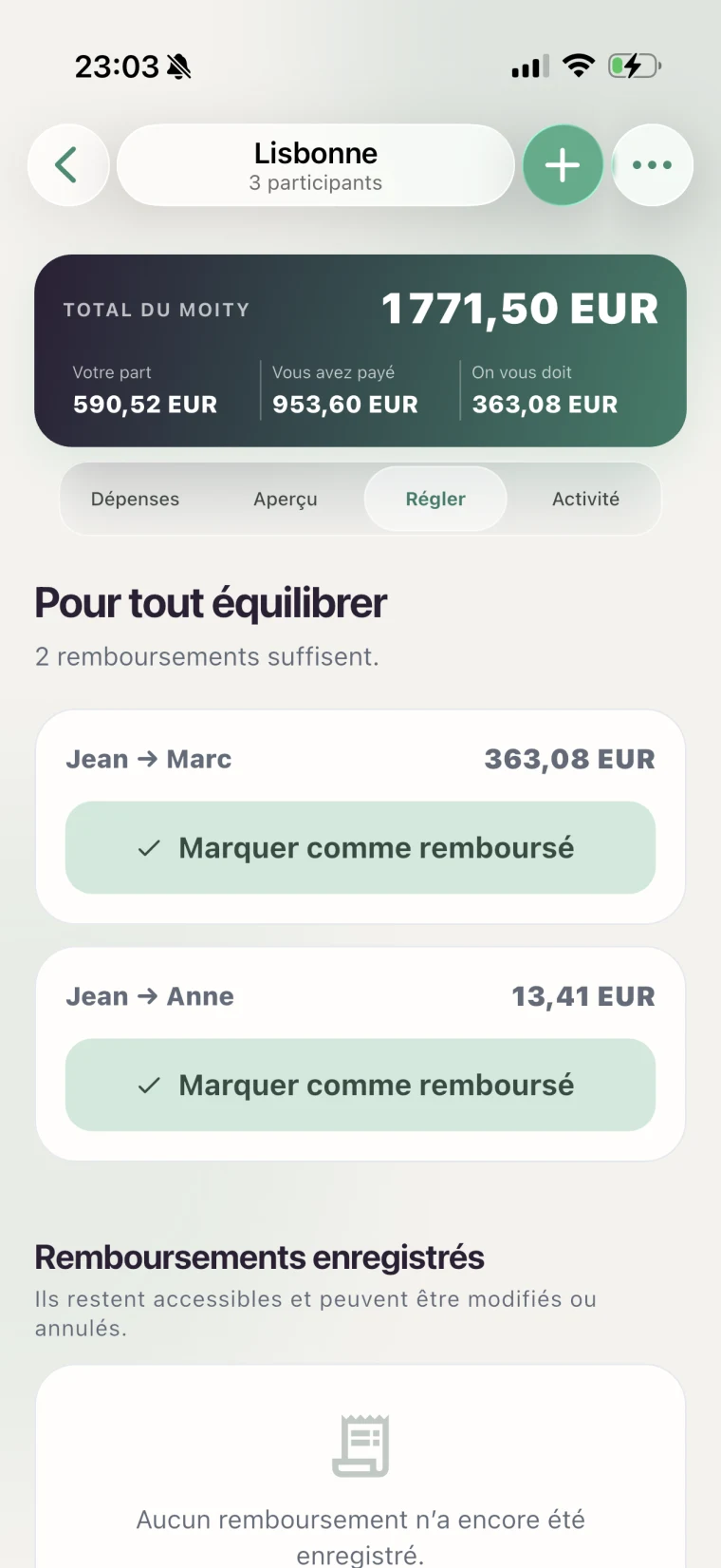 Remboursements proposés pour équilibrer un Moity